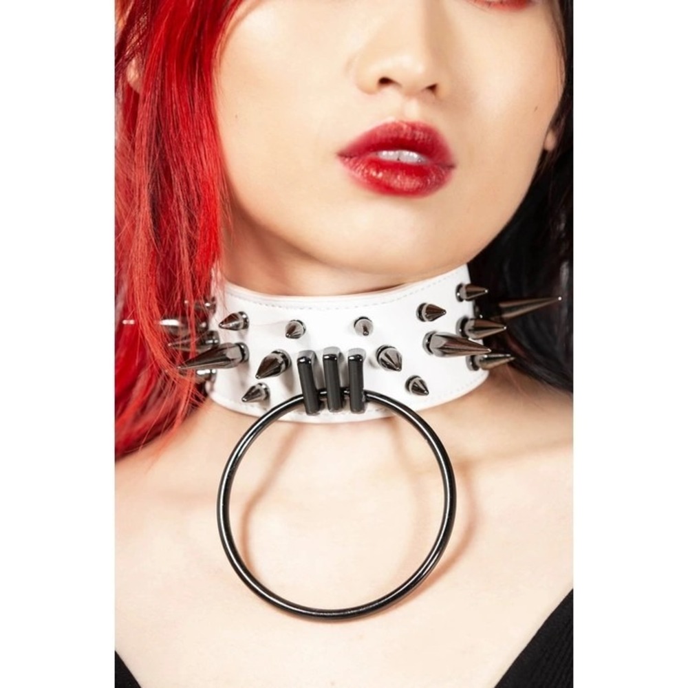 Killstar Eternal Ice Choker White Vegan Leather Gunmetal Spikes O-Ring Collar